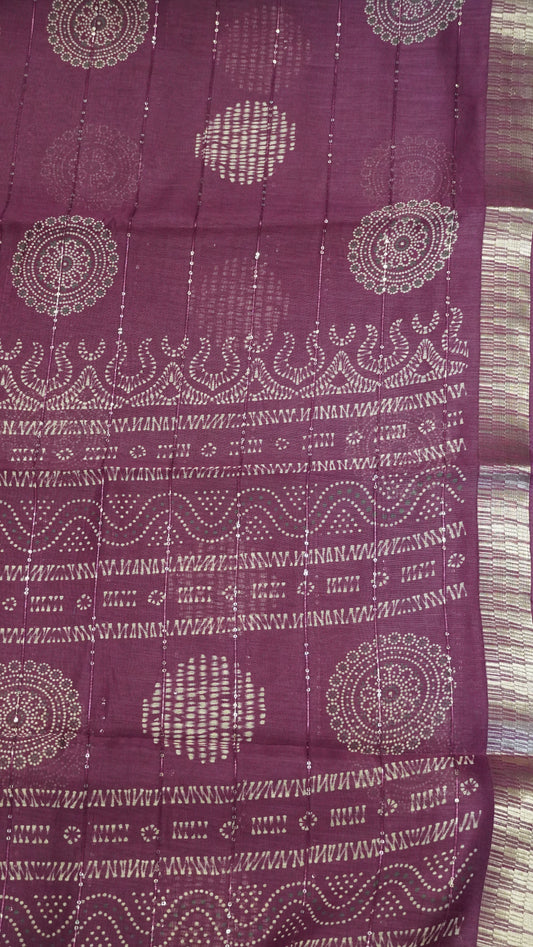 Semi Chanderi Saree -Kolam Sequence Light Wine