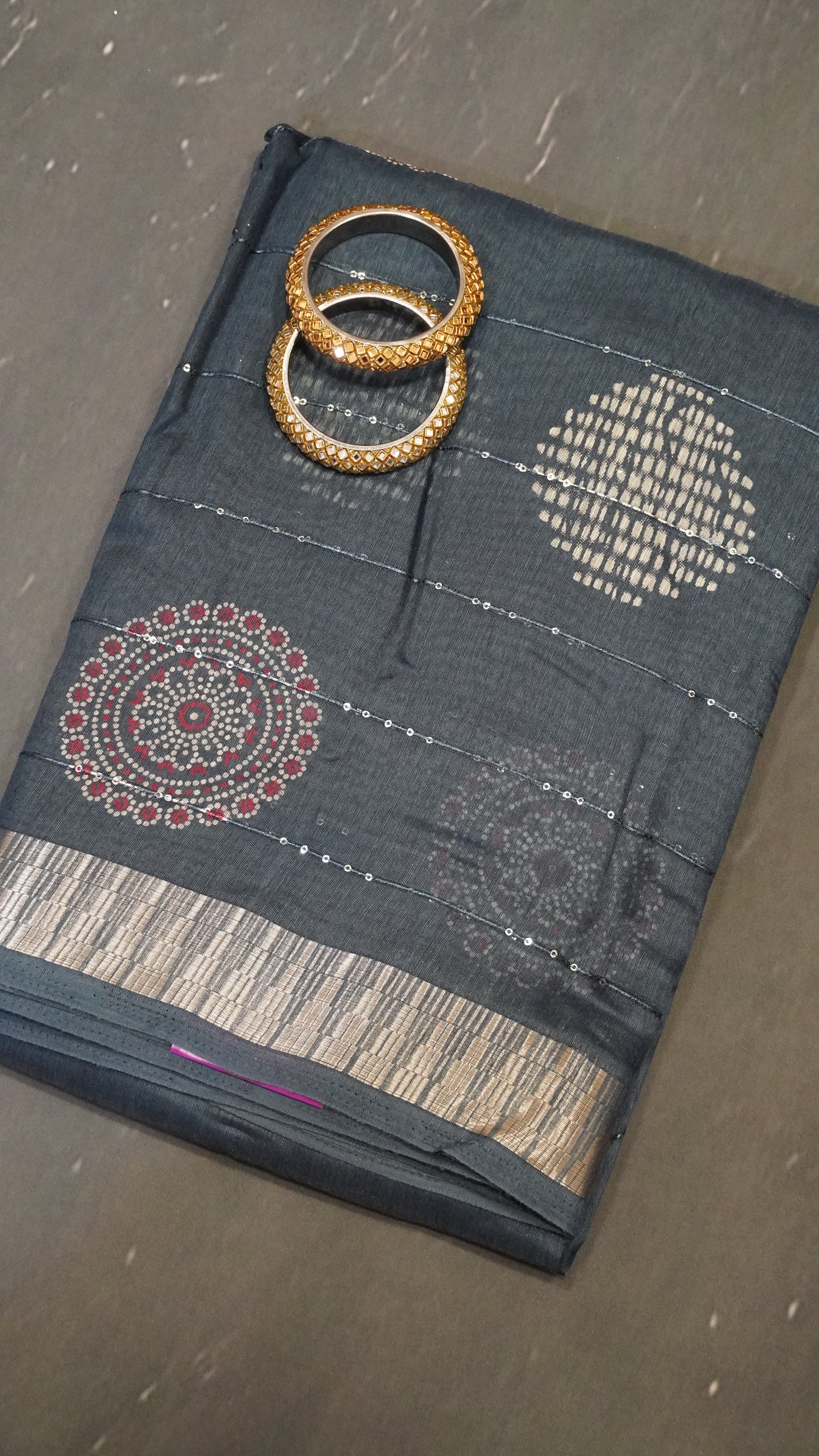 Semi Chanderi Saree -Kolam Sequence Metalic Blue