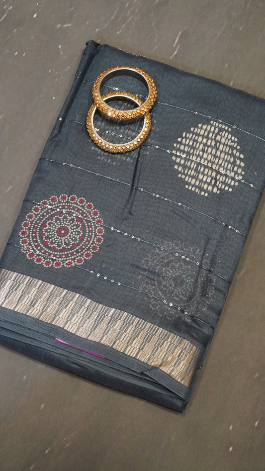 Semi Chanderi Saree -Kolam Sequence Metalic Blue