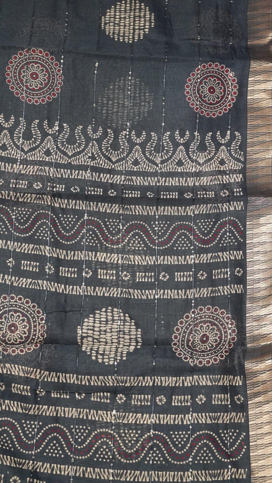 Semi Chanderi Saree -Kolam Sequence Metalic Blue