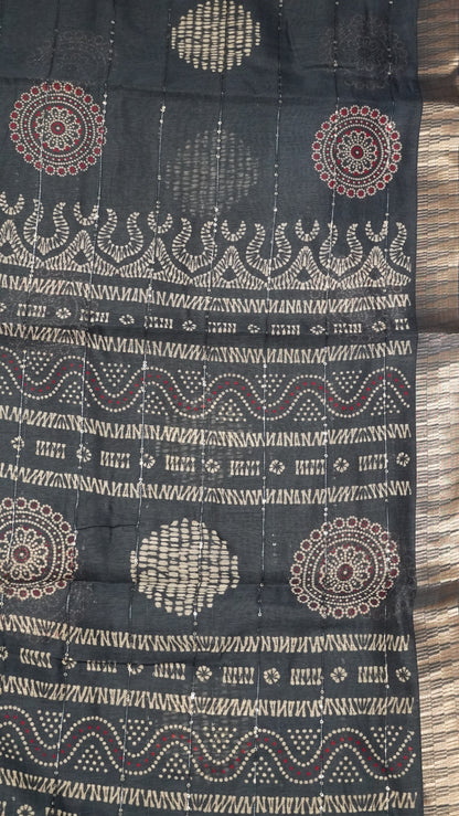 Semi Chanderi Saree -Kolam Sequence Metalic Blue