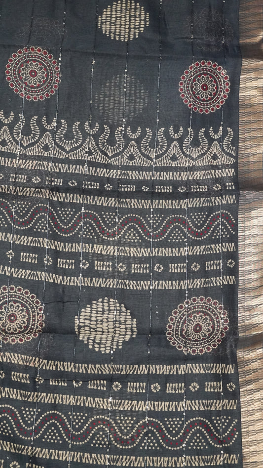 Semi Chanderi Saree -Kolam Sequence Metalic Blue