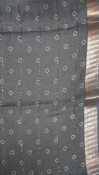 Semi Chanderi Saree -Kolam Sequence Metalic Blue