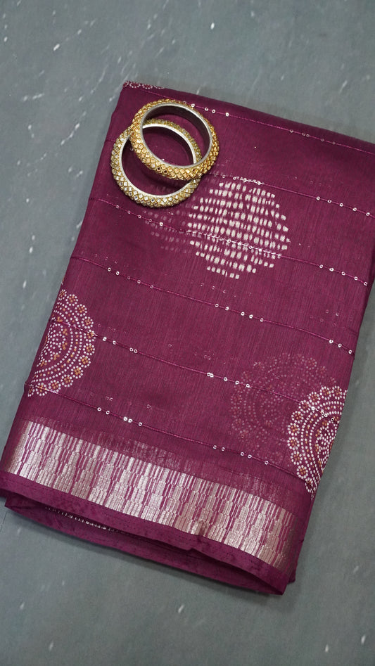 Semi Chanderi Saree -Kolam Sequence Wine