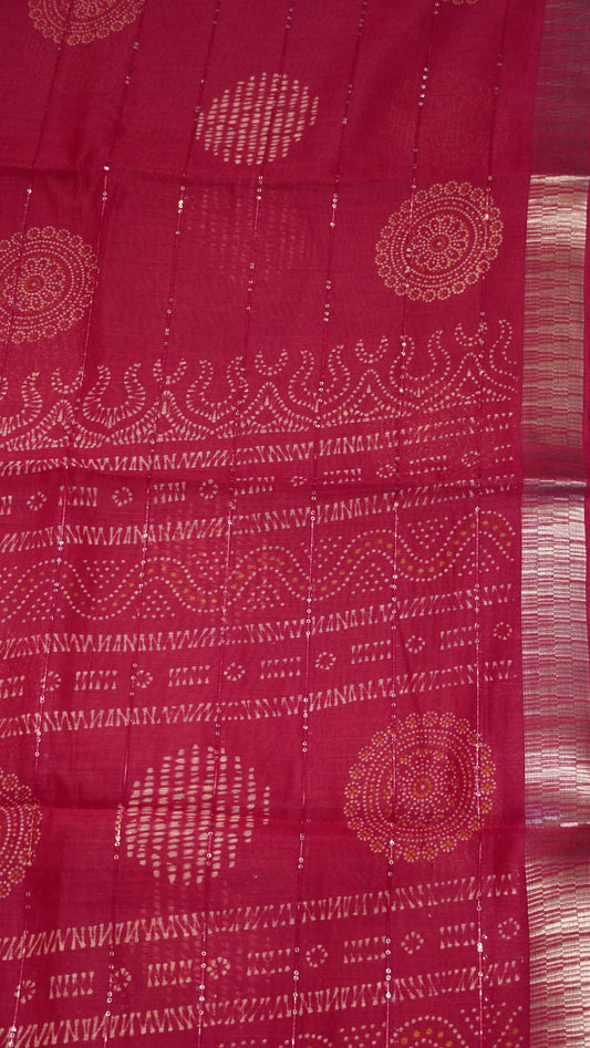 Semi Chanderi Saree -Kolam Sequence Rani Pink