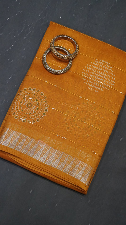 Semi Chanderi Saree -Kolam Sequence Mustard
