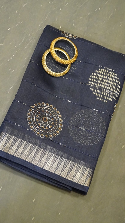Semi Chanderi Saree -Kolam Sequence Navy Blue