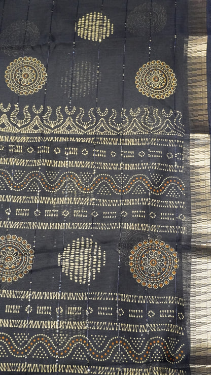 Semi Chanderi Saree -Kolam Sequence Navy Blue