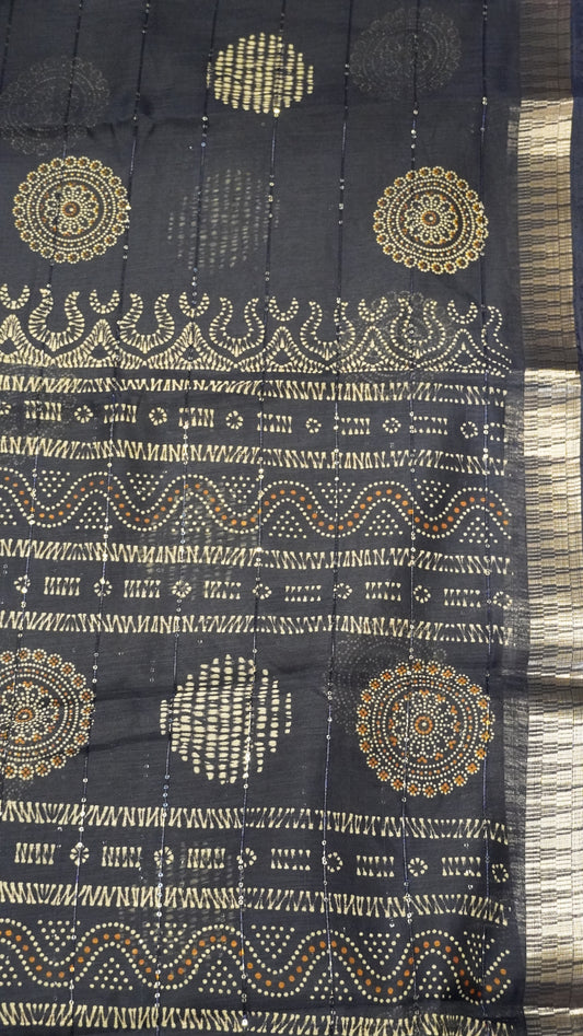 Semi Chanderi Saree -Kolam Sequence Navy Blue