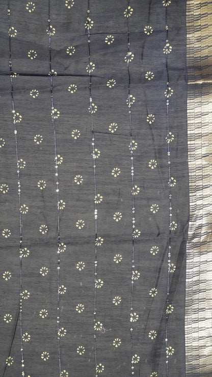 Semi Chanderi Saree -Kolam Sequence Navy Blue