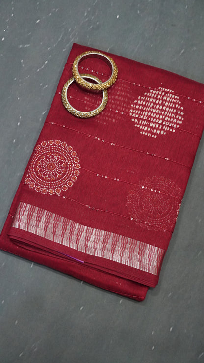 Semi Chanderi Saree -Kolam Sequence Maroon