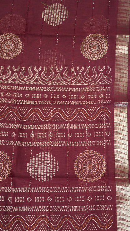 Semi Chanderi Saree -Kolam Sequence Maroon