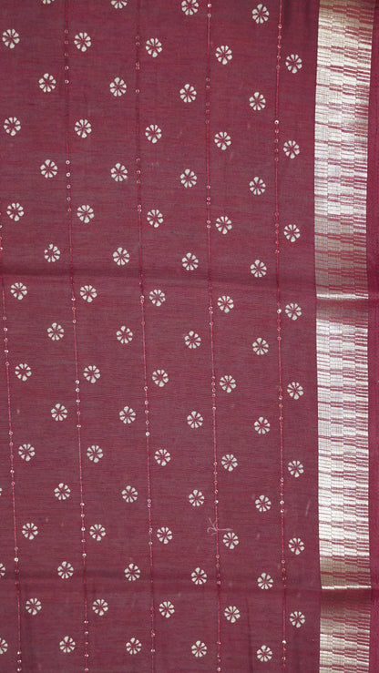 Semi Chanderi Saree -Kolam Sequence Maroon