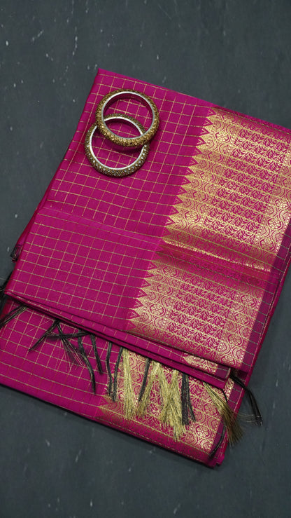 Semi Silk Saree - Square Checks Pink