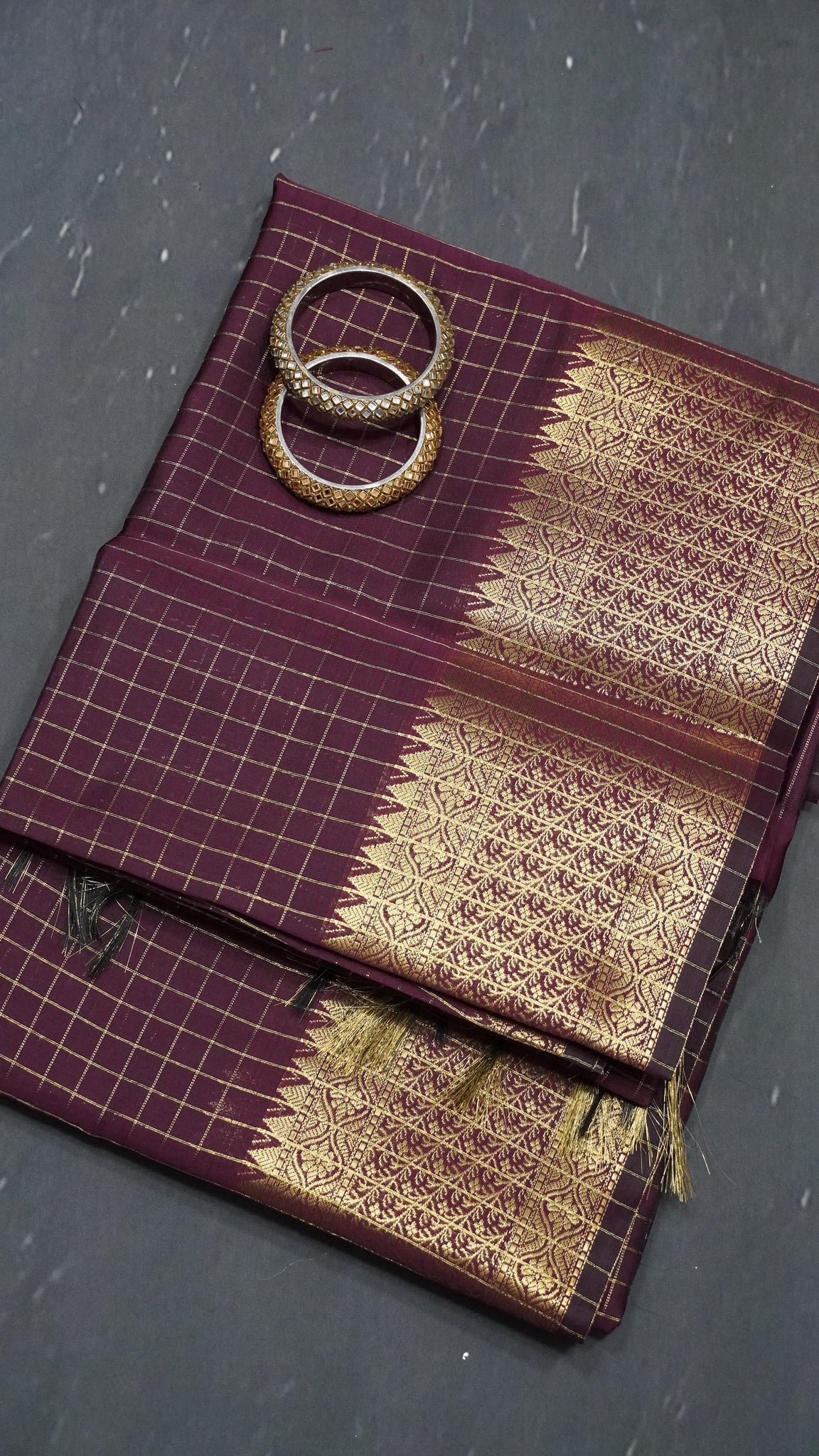 Semi Silk Saree - Square Checks Wine