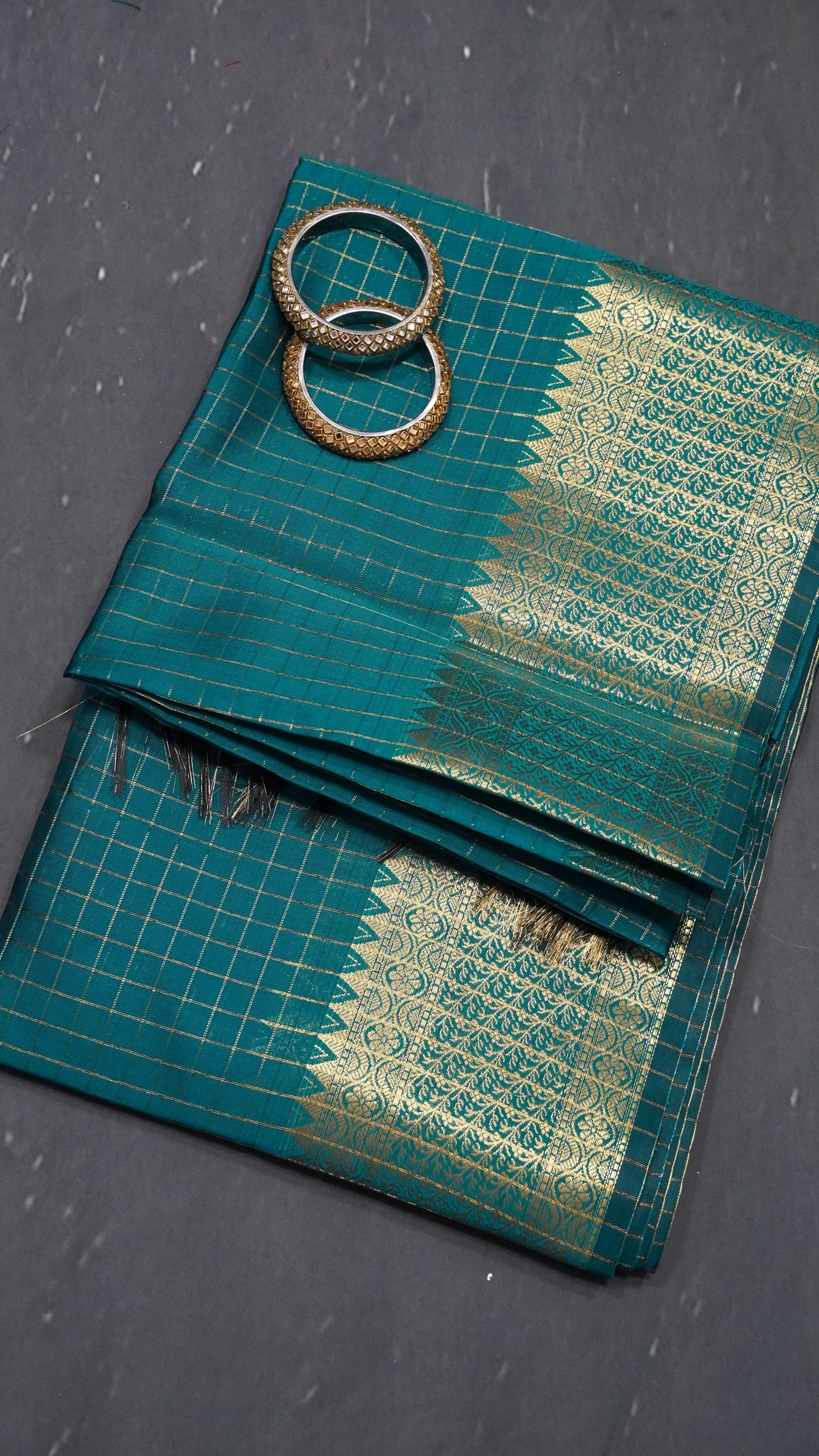 Semi Silk Saree - Square Checks Peacock Green