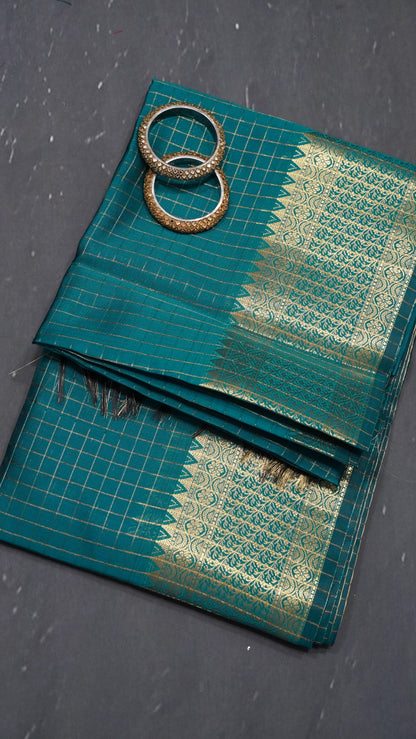 Semi Silk Saree - Square Checks Peacock Green