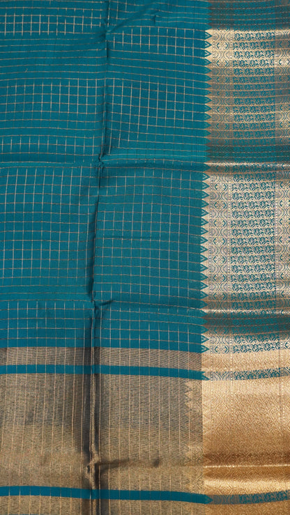 Semi Silk Saree - Square Checks Peacock Green