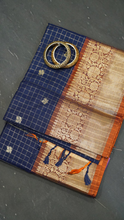Semi Silk Saree - Square Checks Navy Blue - Rust Orange
