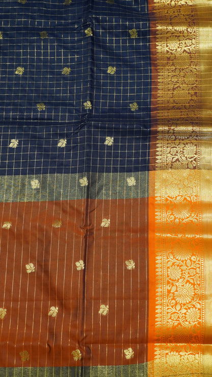 Semi Silk Saree - Square Checks Navy Blue - Rust Orange