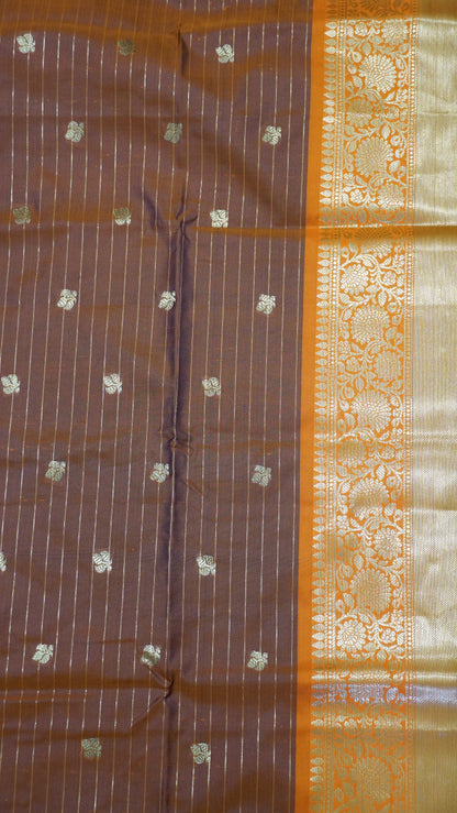 Semi Silk Saree - Square Checks Navy Blue - Rust Orange