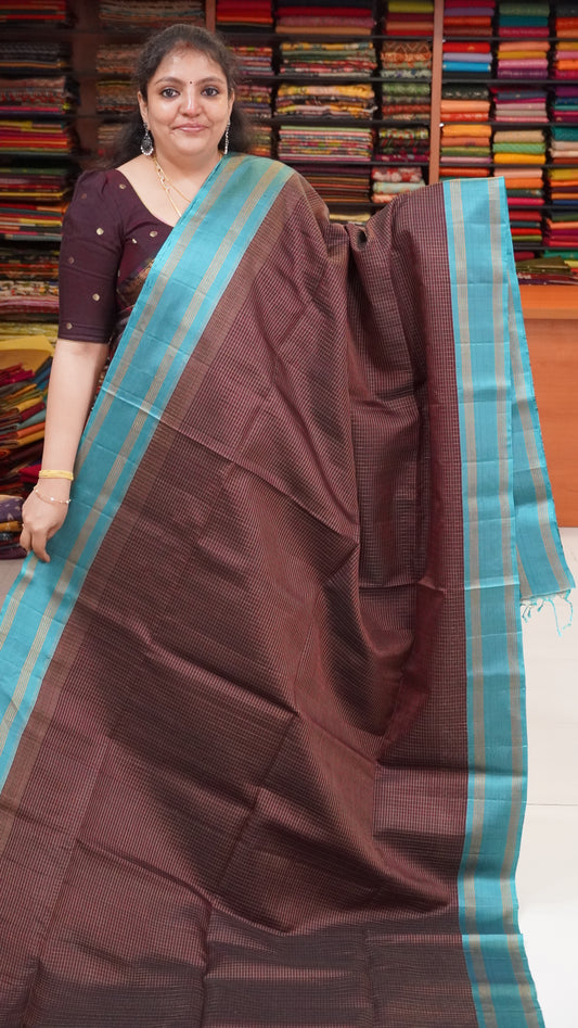Pure Soft Silk Saree - Brown-Teal Blue