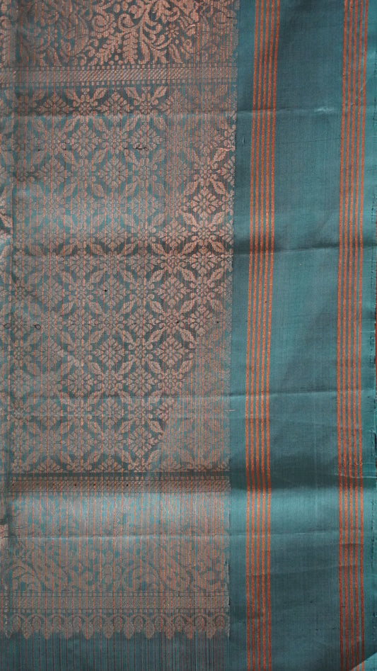 Pure Soft Silk Saree - Brown-Teal Blue