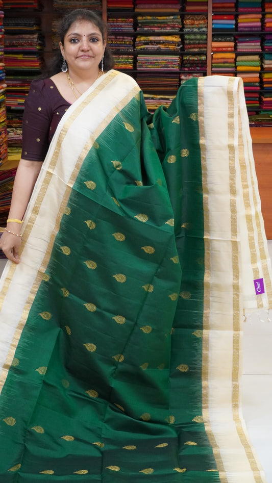 Pure Soft Silk Saree - Green-Off white
