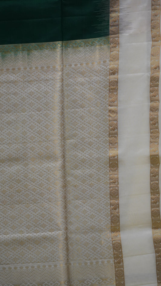 Pure Soft Silk Saree - Green-Off white