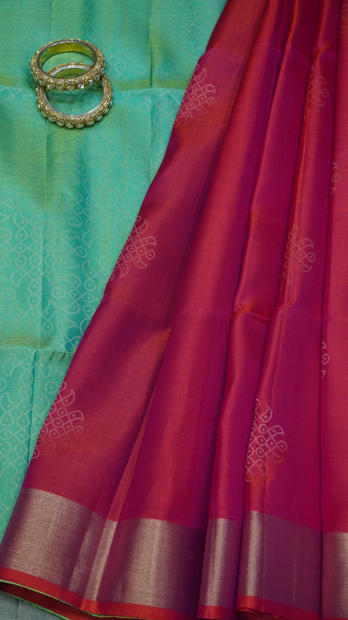 Pure Silk Saree Saree - Zari Kolam Peach Pink - Teal Green
