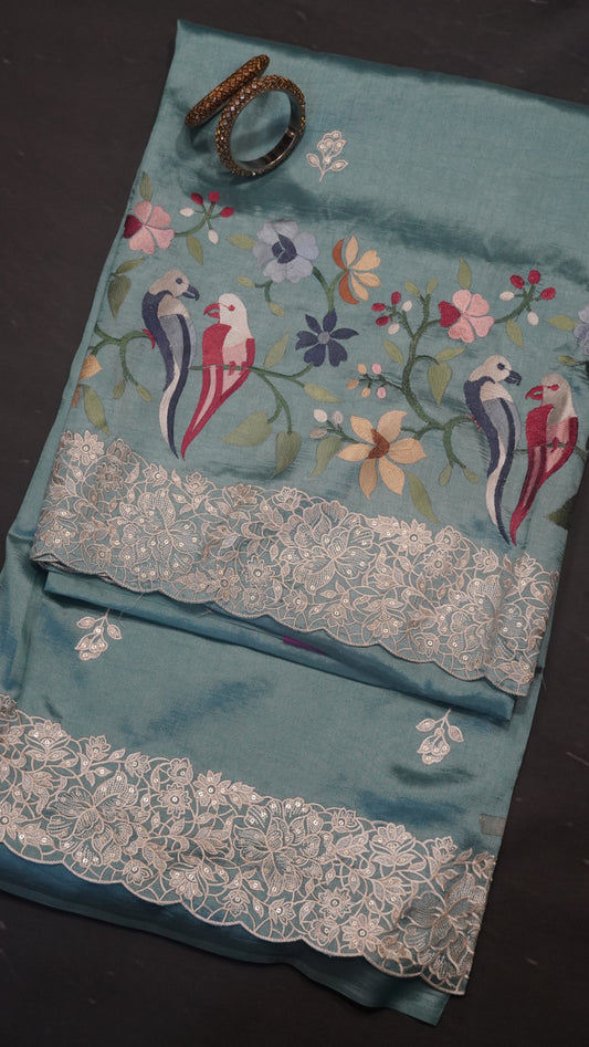 Pure Tussar Saree - Twin Bird Blue