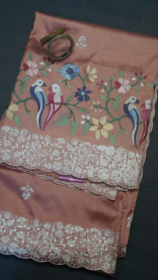 Pure Tussar Saree - Twin Bird Pale Orange