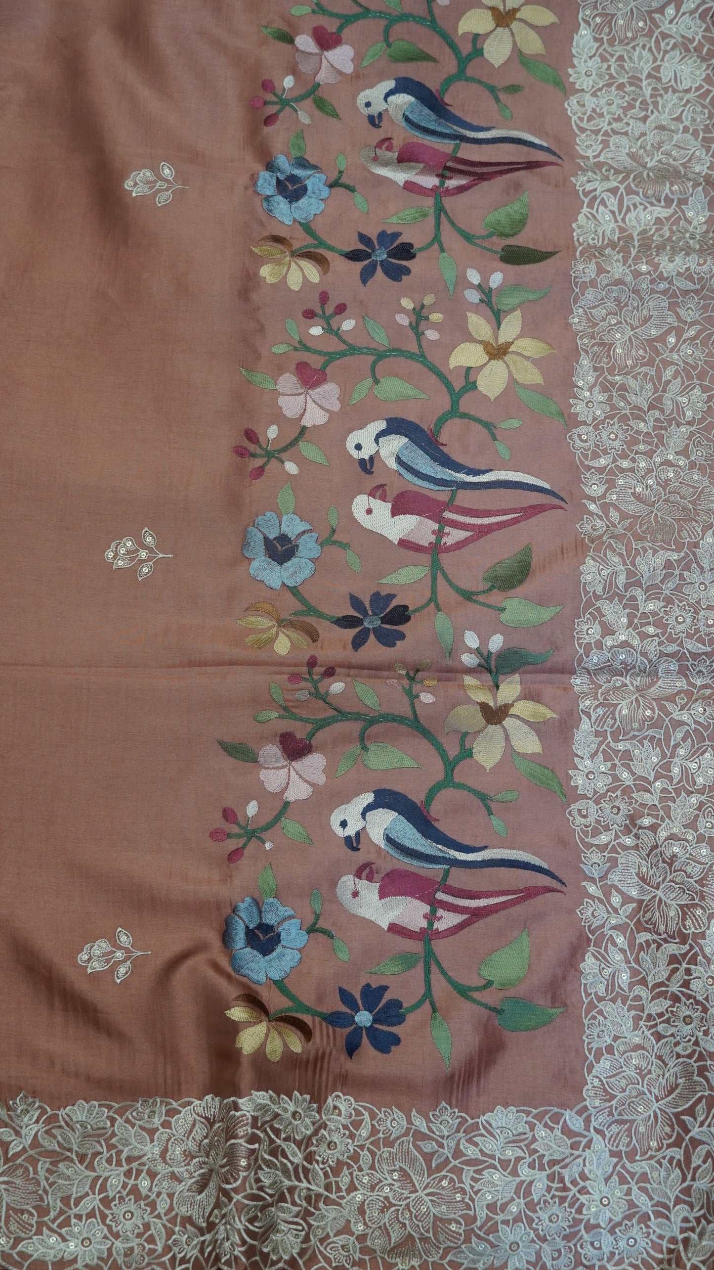 Pure Tussar Saree - Twin Bird Pale Orange