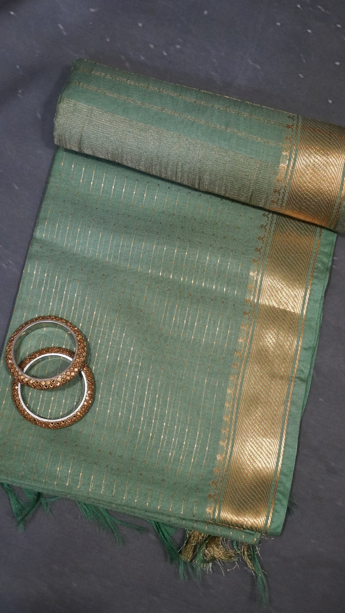 Semi Bhagalpur Tussar - Zari Dots Light Sage Green