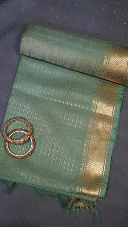 Semi Bhagalpur Tussar - Zari Dots Light Sage Green
