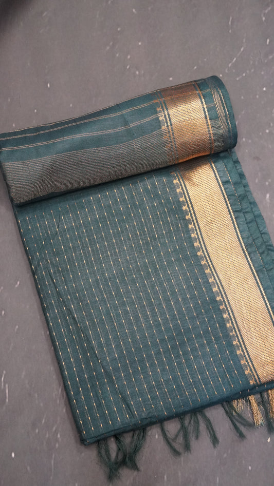 Semi Bhagalpur Tussar - Zari Dots Peacock Blue