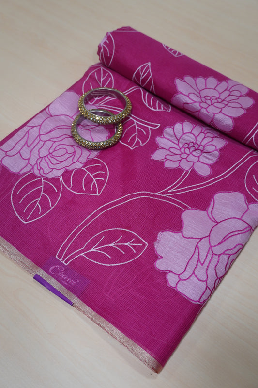 Kota Saree - Rose Aplique Work - Pink