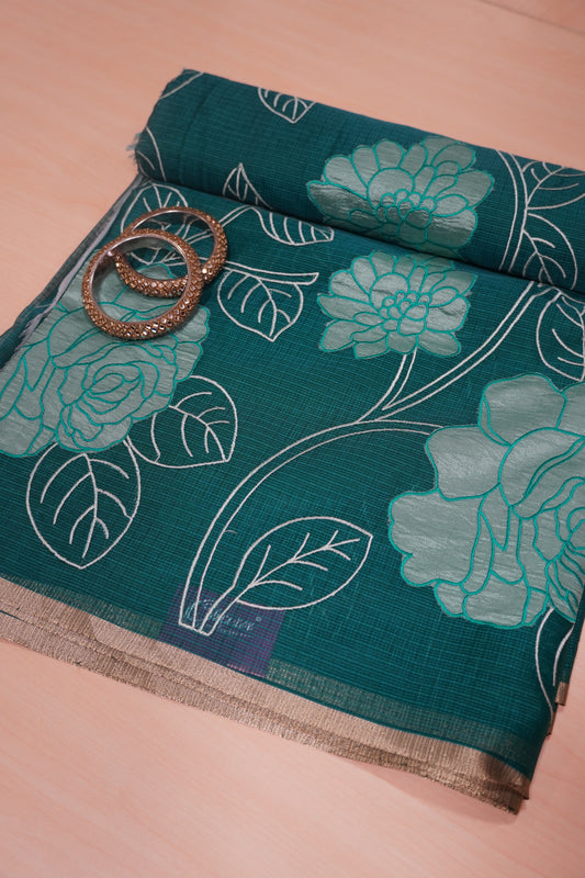 Kota Saree - Rose Aplique Work - Green