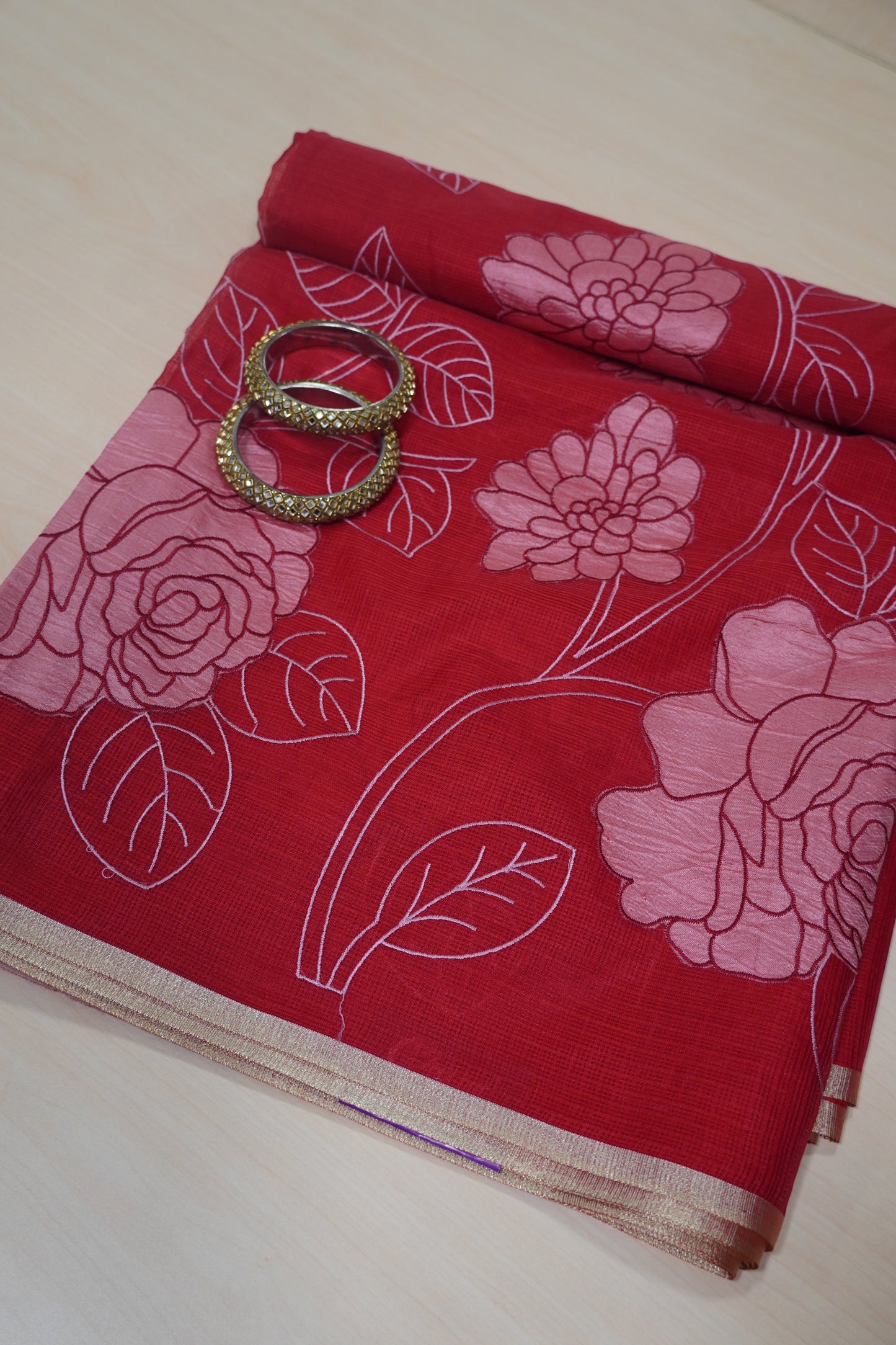 Kota Saree - Rose Aplique Work - Red
