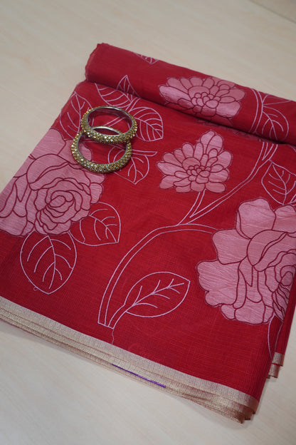 Kota Saree - Rose Aplique Work - Red