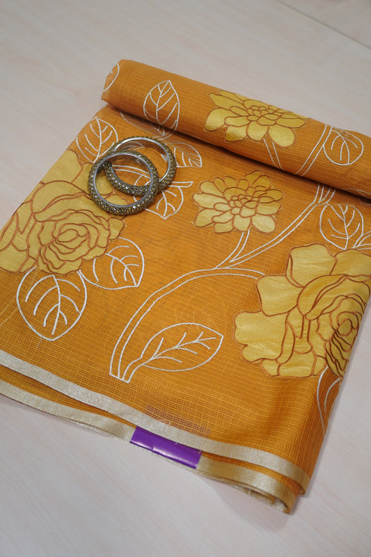 Kota Saree - Rose Aplique Work - Mustard