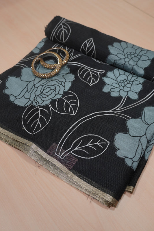 Kota Saree - Rose Aplique Work- Black