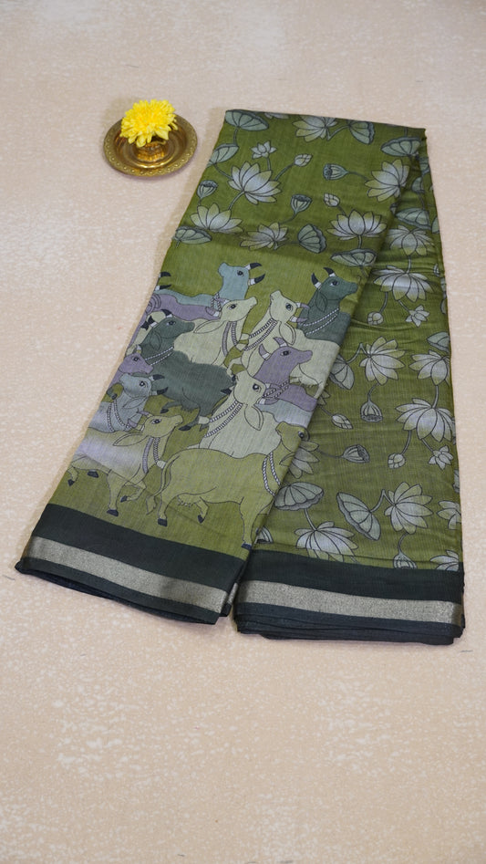 Malai Cotton Saree Pichwai & Floral Print - Green