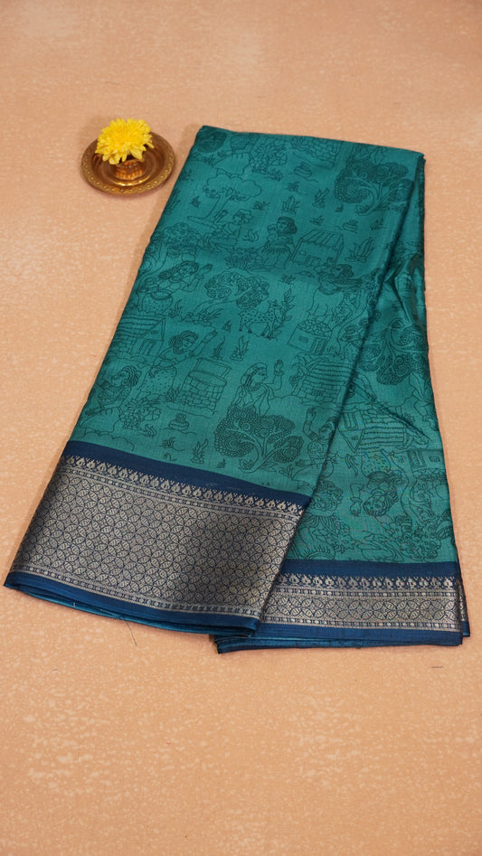 Dola Silk Saree Figure Print Peacock Blue