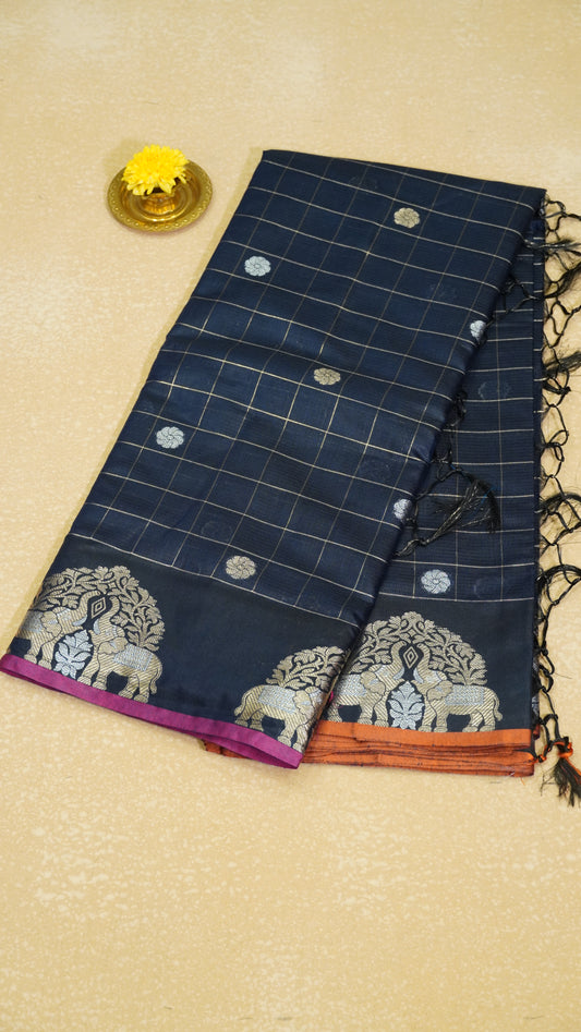 Semi Raw Silk Saree Elephant Border - Navy Blue
