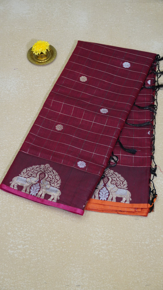 Semi Raw Silk Saree Elephant Border - Maroon