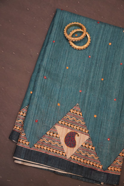 Semi Tussar Saree - Pyramid Blue