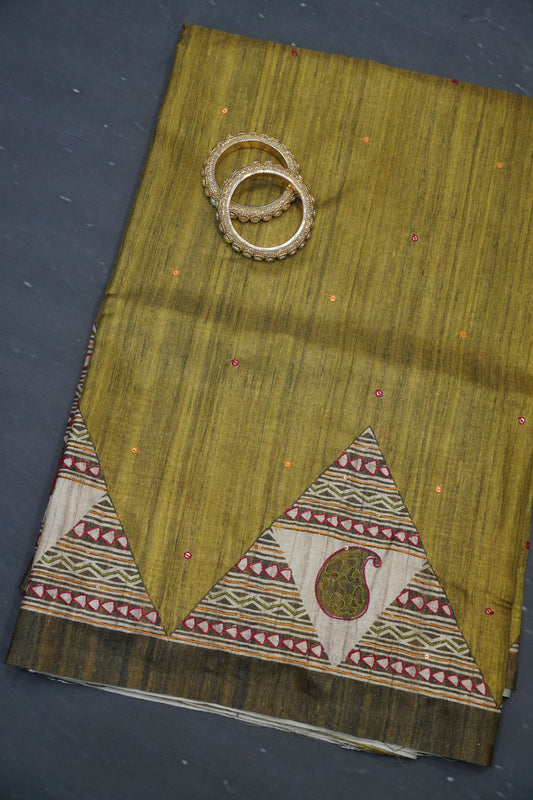 Semi Tussar Saree - Pyramid Olive Green