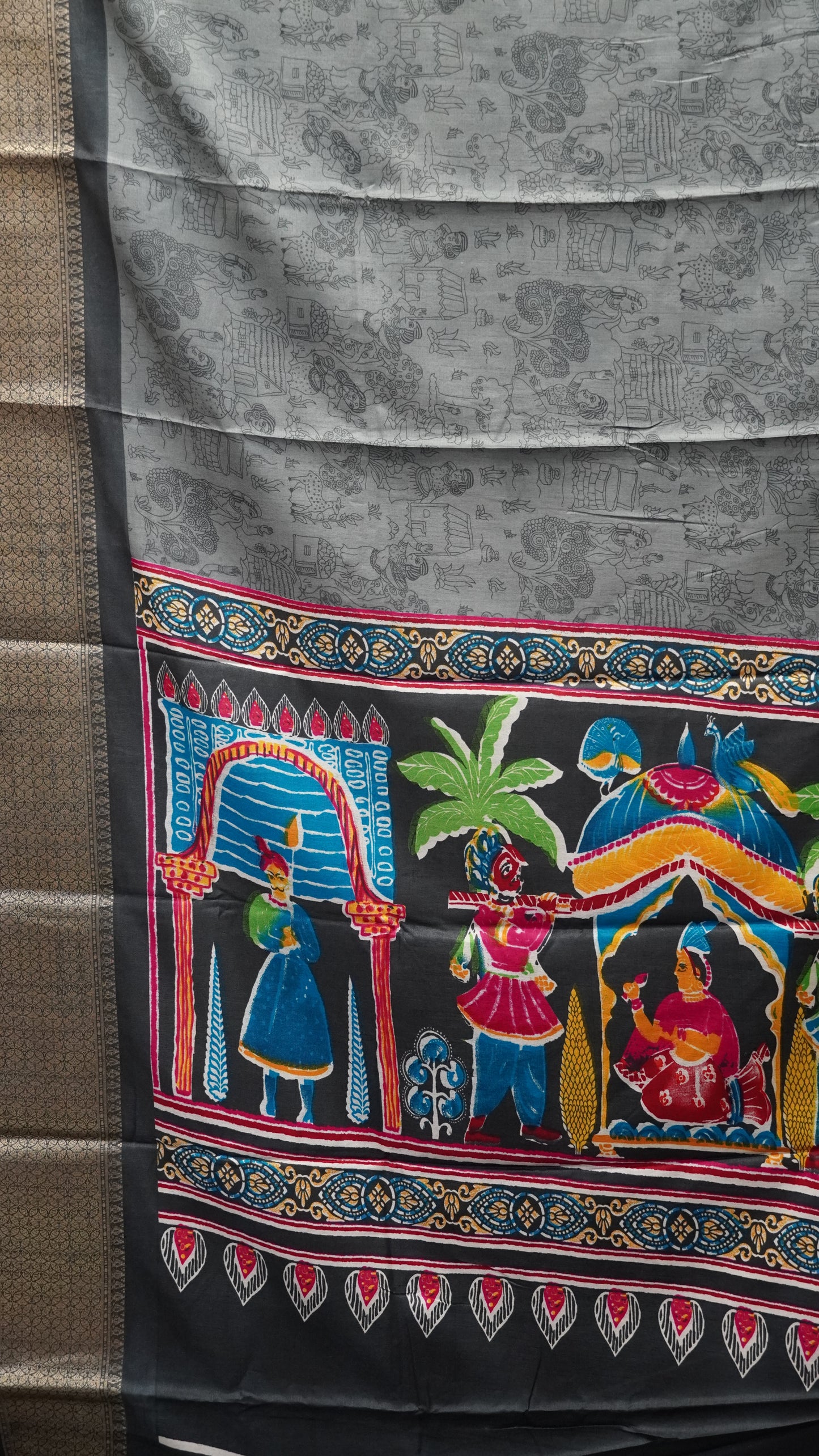 Dola Silk Saree Figure Print Grey
