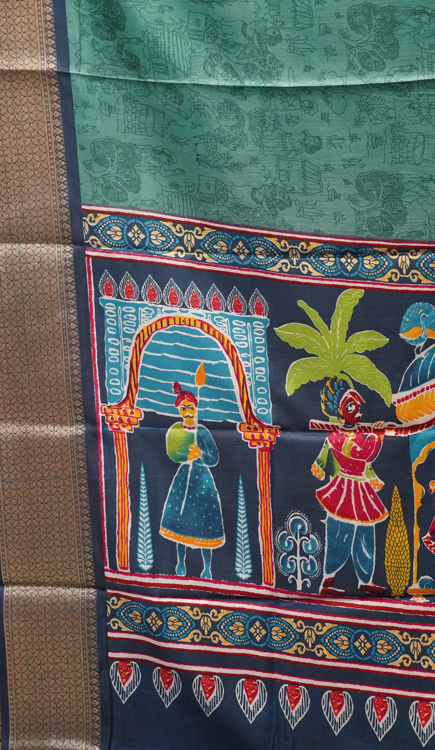Dola Silk Saree Figure Print Peacock Blue